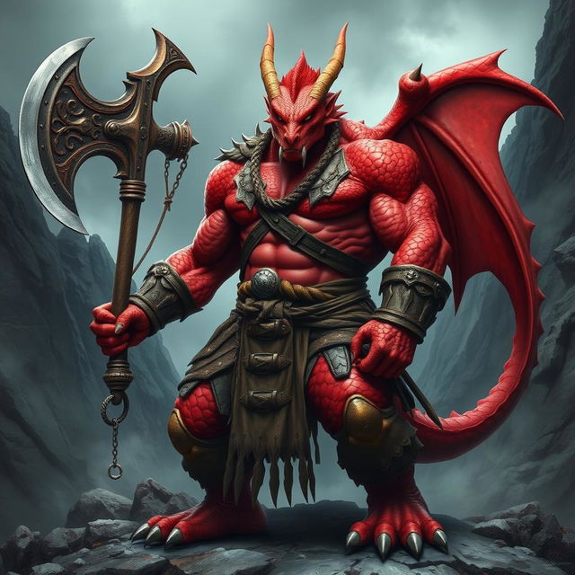 A fierce dragon-human barbarian with vibrant red scales, showcasing an imposing muscular build