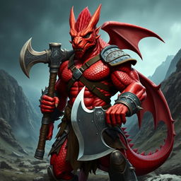 A fierce dragon-human barbarian with vibrant red scales, showcasing an imposing muscular build