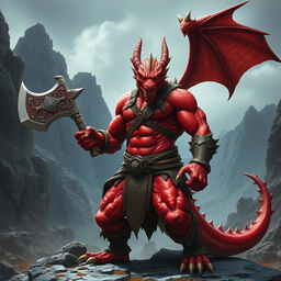 A fierce dragon-human barbarian with vibrant red scales, showcasing an imposing muscular build