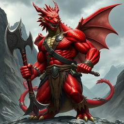 A fierce dragon-human barbarian with vibrant red scales, showcasing an imposing muscular build