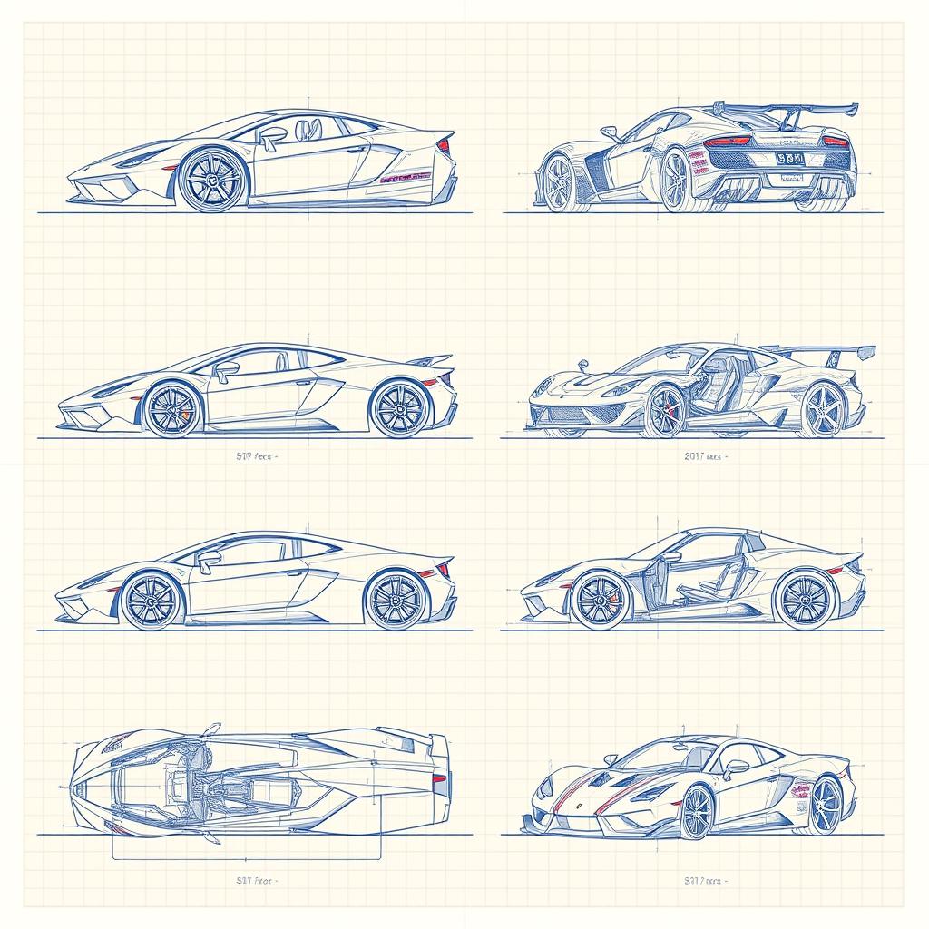 An extensive collection of 70 blueprint sketches of a supercar, meticulously displaying a variety of angles including front, left side, right side, back, top, bottom, as well as front up and front detailed views