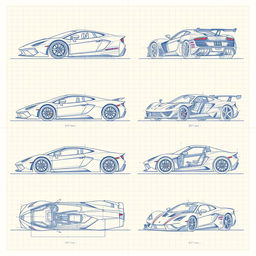 An extensive collection of 70 blueprint sketches of a supercar, meticulously displaying a variety of angles including front, left side, right side, back, top, bottom, as well as front up and front detailed views