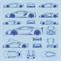 An extensive collection of 70 blueprint sketches of a supercar, meticulously displaying a variety of angles including front, left side, right side, back, top, bottom, as well as front up and front detailed views