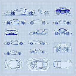 An extensive collection of 70 blueprint sketches of a supercar, meticulously displaying a variety of angles including front, left side, right side, back, top, bottom, as well as front up and front detailed views