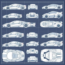 An extensive collection of 70 blueprint sketches of a supercar, meticulously displaying a variety of angles including front, left side, right side, back, top, bottom, as well as front up and front detailed views