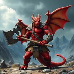 An imposing wingless dragon-human barbarian with striking red scales, showcasing a powerful, muscular physique