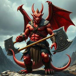 An imposing wingless dragon-human barbarian with striking red scales, showcasing a powerful, muscular physique