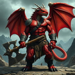 An imposing wingless dragon-human barbarian with striking red scales, showcasing a powerful, muscular physique