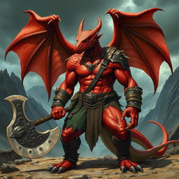 An imposing wingless dragon-human barbarian with striking red scales, showcasing a powerful, muscular physique