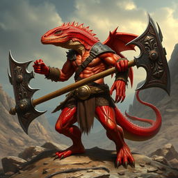 A fierce wingless lizard-human barbarian with vibrant red scales, exhibiting a muscular and powerful physique