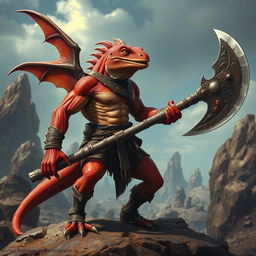 A fierce wingless lizard-human barbarian with vibrant red scales, exhibiting a muscular and powerful physique