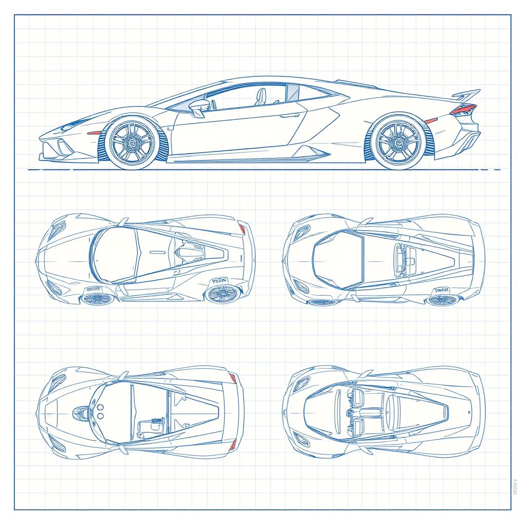 A comprehensive collection of 70 blueprint sketches of a supercar, showcasing six distinct angles: right side, left side, front, back, top (up), and bottom (down)