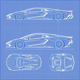 A comprehensive collection of 70 blueprint sketches of a supercar, showcasing six distinct angles: right side, left side, front, back, top (up), and bottom (down)