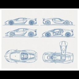 A comprehensive collection of 70 blueprint sketches of a supercar, showcasing six distinct angles: right side, left side, front, back, top (up), and bottom (down)