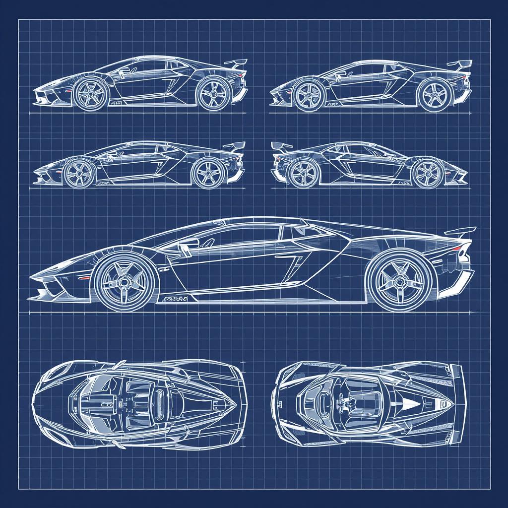 A comprehensive collection of 70 blueprint sketches of a supercar, showcasing six distinct angles: right side, left side, front, back, top (up), and bottom (down)