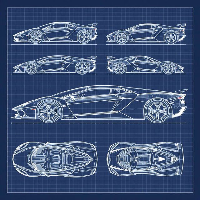 A comprehensive collection of 70 blueprint sketches of a supercar, showcasing six distinct angles: right side, left side, front, back, top (up), and bottom (down)