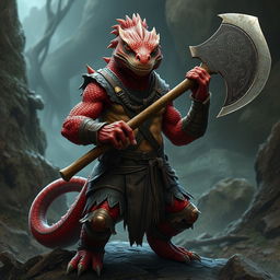 A formidable lizard-human barbarian with striking red scales, showcasing a powerful and muscular physique