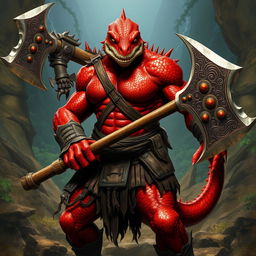 A formidable lizard-human barbarian with striking red scales, showcasing a powerful and muscular physique