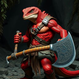 A formidable lizard-human barbarian with striking red scales, showcasing a powerful and muscular physique