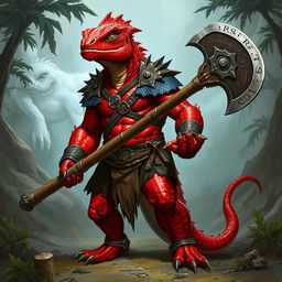 A formidable lizard-human barbarian with striking red scales, showcasing a powerful and muscular physique