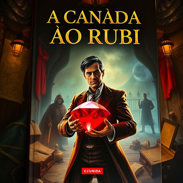 A book cover featuring the title 'A CAÇADA AO RUBI' prominently displayed at the top