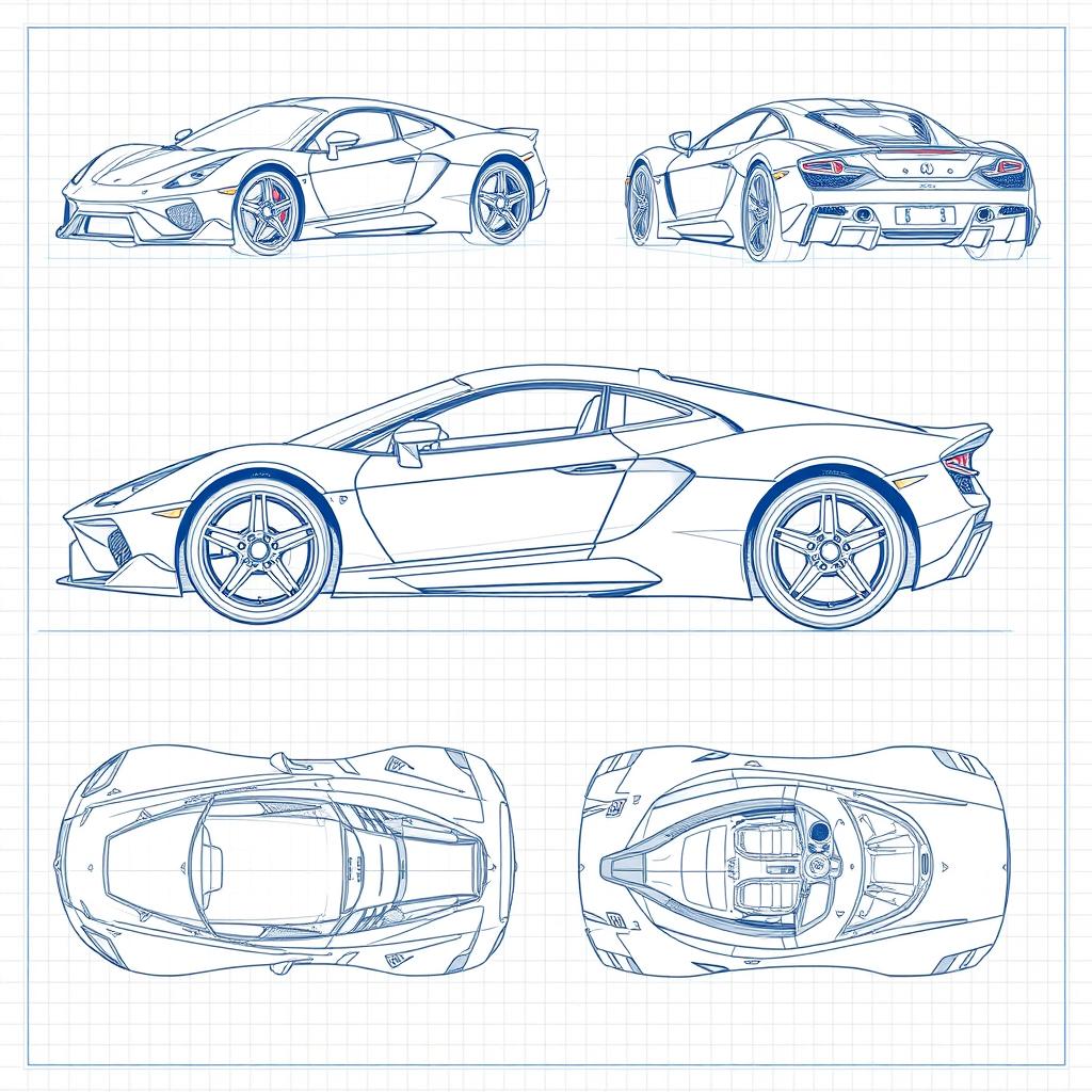 A comprehensive set of 60 blueprint sketches of a supercar, showcasing all distinct angles including right side, left side, front, back, top (up), and bottom (down)