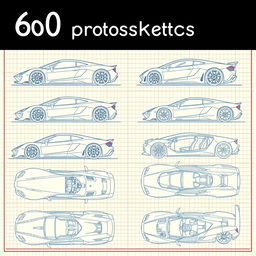 A comprehensive set of 60 blueprint sketches of a supercar, showcasing all distinct angles including right side, left side, front, back, top (up), and bottom (down)