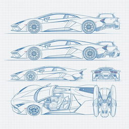 A comprehensive set of 60 blueprint sketches of a supercar, showcasing all distinct angles including right side, left side, front, back, top (up), and bottom (down)