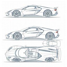 A comprehensive set of 60 blueprint sketches of a supercar, showcasing all distinct angles including right side, left side, front, back, top (up), and bottom (down)