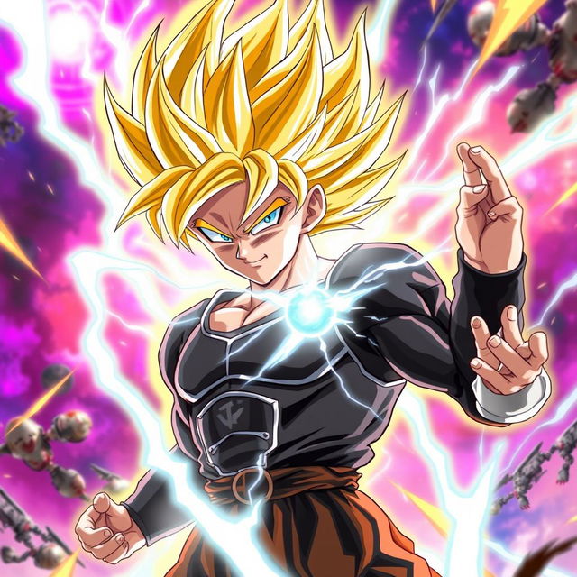 A powerful character inspired by anime aesthetics, featuring Gojo Satoru, depicted as a Super Saiyan with electrifying golden hair and an intense energy aura surrounding him