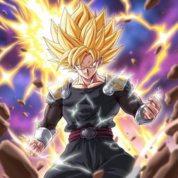 A powerful character inspired by anime aesthetics, featuring Gojo Satoru, depicted as a Super Saiyan with electrifying golden hair and an intense energy aura surrounding him