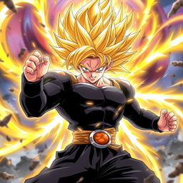 A powerful character inspired by anime aesthetics, featuring Gojo Satoru, depicted as a Super Saiyan with electrifying golden hair and an intense energy aura surrounding him