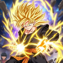 A powerful character inspired by anime aesthetics, featuring Gojo Satoru, depicted as a Super Saiyan with electrifying golden hair and an intense energy aura surrounding him