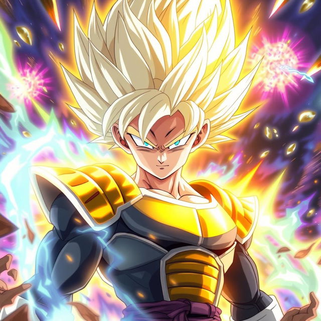 A striking depiction of Gojo Satoru transformed into a Super Saiyan, showcasing his iconic white hair radiating a brilliant golden glow, signaling his immense power