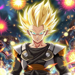 A striking depiction of Gojo Satoru transformed into a Super Saiyan, showcasing his iconic white hair radiating a brilliant golden glow, signaling his immense power