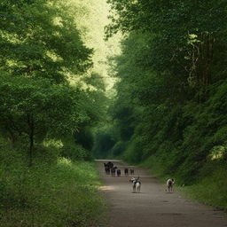 Sniffer dogs on the left side of a dense forest next to a well-tarred road that runs straight through the middle of the woodland area.