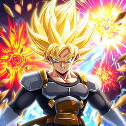 A striking depiction of Gojo Satoru transformed into a Super Saiyan, showcasing his iconic white hair radiating a brilliant golden glow, signaling his immense power