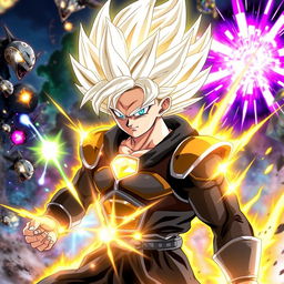 A striking depiction of Gojo Satoru transformed into a Super Saiyan, showcasing his iconic white hair radiating a brilliant golden glow, signaling his immense power