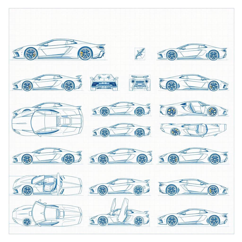 An extensive collection of 80 blueprint sketches of a supercar, showcasing a diverse range of angles including right side, left side, front, back, top (up), bottom (down), and repeating these angles for greater detail: front up, back up, right side, and left side