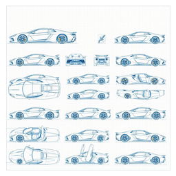 An extensive collection of 80 blueprint sketches of a supercar, showcasing a diverse range of angles including right side, left side, front, back, top (up), bottom (down), and repeating these angles for greater detail: front up, back up, right side, and left side