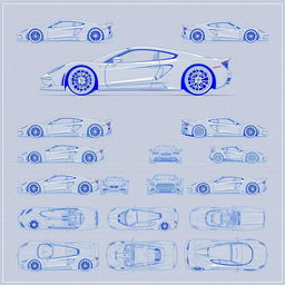 An extensive collection of 80 blueprint sketches of a supercar, showcasing a diverse range of angles including right side, left side, front, back, top (up), bottom (down), and repeating these angles for greater detail: front up, back up, right side, and left side