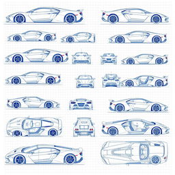 An extensive collection of 80 blueprint sketches of a supercar, showcasing a diverse range of angles including right side, left side, front, back, top (up), bottom (down), and repeating these angles for greater detail: front up, back up, right side, and left side