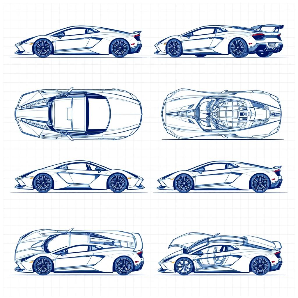 An extensive collection of 80 blueprint sketches of a supercar, showcasing a diverse range of angles including right side, left side, front, back, top (up), bottom (down), and repeating these angles for greater detail: front up, back up, right side, and left side