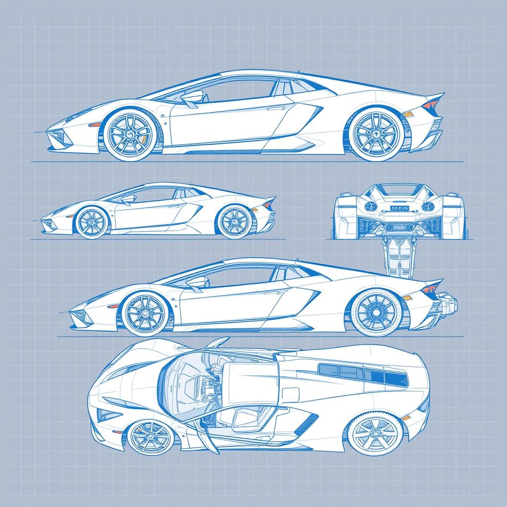 A series of detailed blueprint sketches of a supercar, showcasing a range of angles: right side, left side, front, back, top (up), and bottom (down)