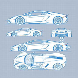 A series of detailed blueprint sketches of a supercar, showcasing a range of angles: right side, left side, front, back, top (up), and bottom (down)