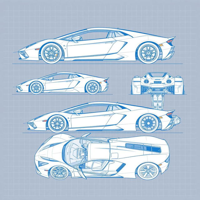 A series of detailed blueprint sketches of a supercar, showcasing a range of angles: right side, left side, front, back, top (up), and bottom (down)