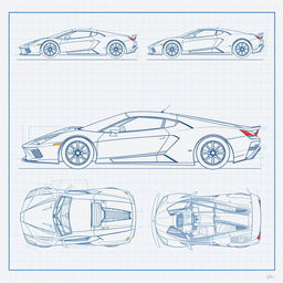 A series of detailed blueprint sketches of a supercar, showcasing a range of angles: right side, left side, front, back, top (up), and bottom (down)