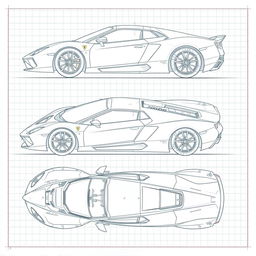 A series of detailed blueprint sketches of a supercar, showcasing a range of angles: right side, left side, front, back, top (up), and bottom (down)