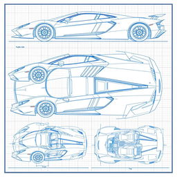 A series of detailed blueprint sketches of a supercar, showcasing a range of angles: right side, left side, front, back, top (up), and bottom (down)