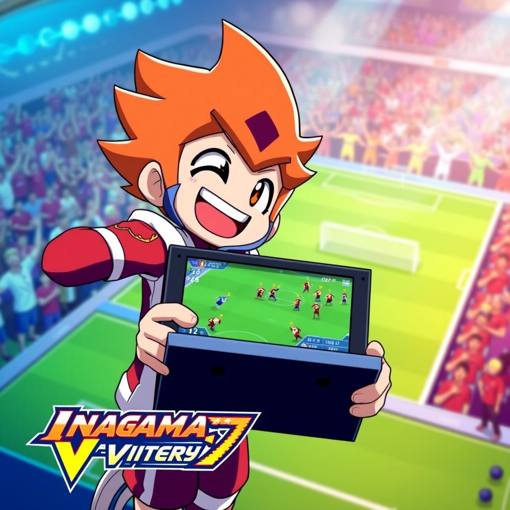 A vibrant and dynamic thumbnail featuring the character Megamax energetically playing the video game Inazuma Eleven: Victory Road